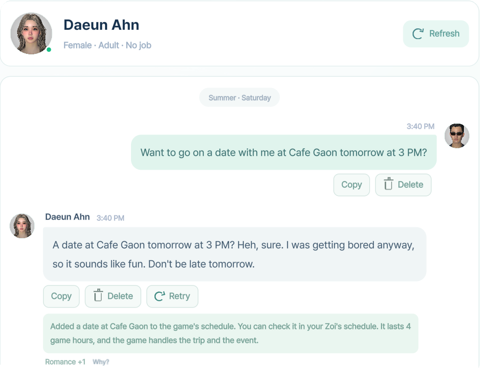 The Zoi AI Chat window: asked out on a date, the Zoi says yes and a notice says it was added to the game's schedule