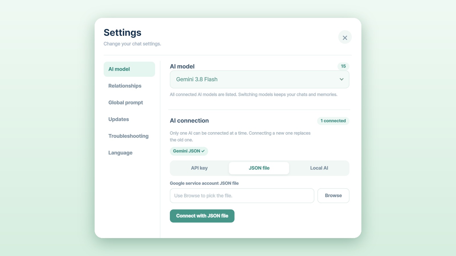 The JSON file tab under AI connection in settings