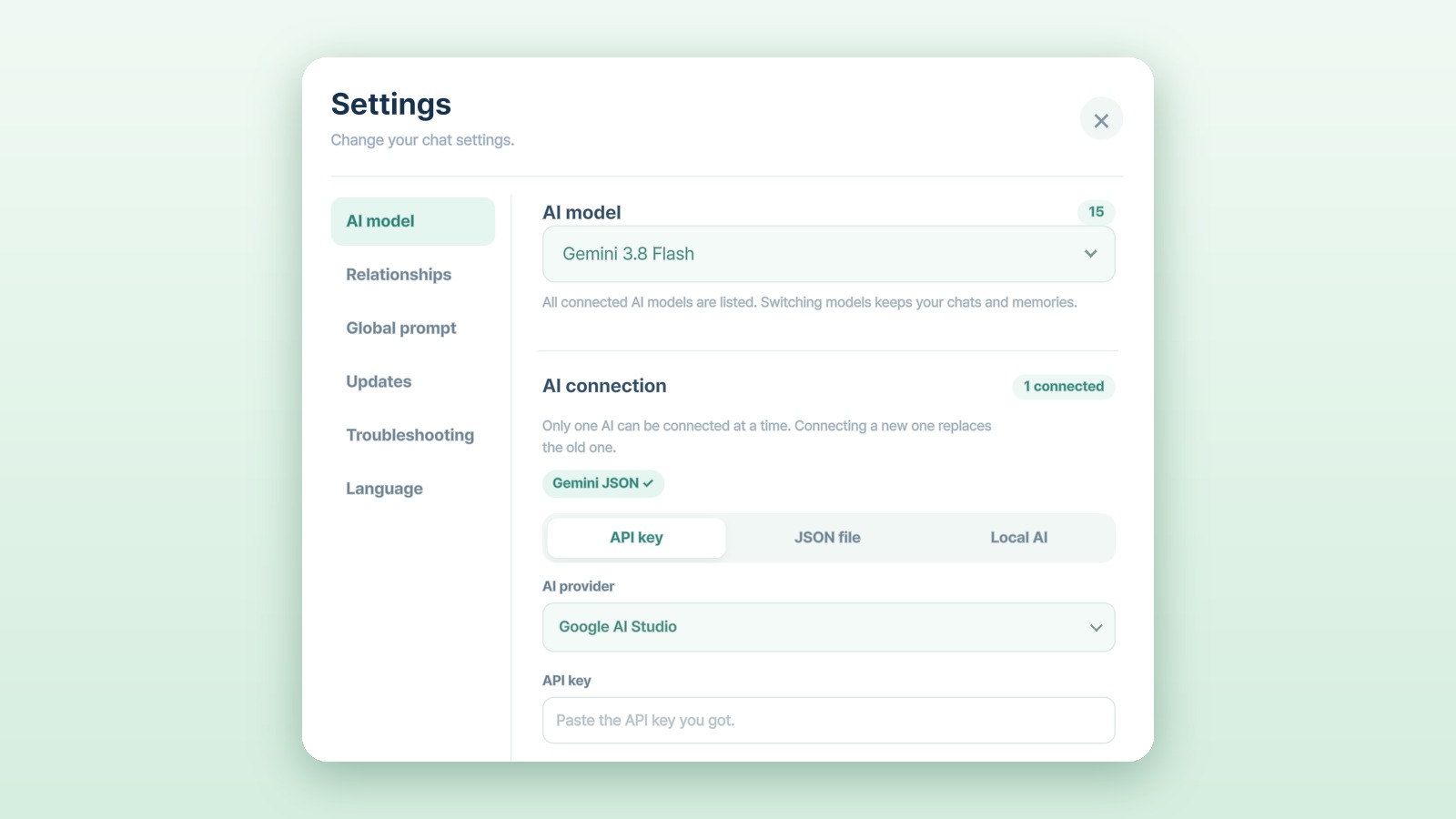 The API key tab under AI connection in settings