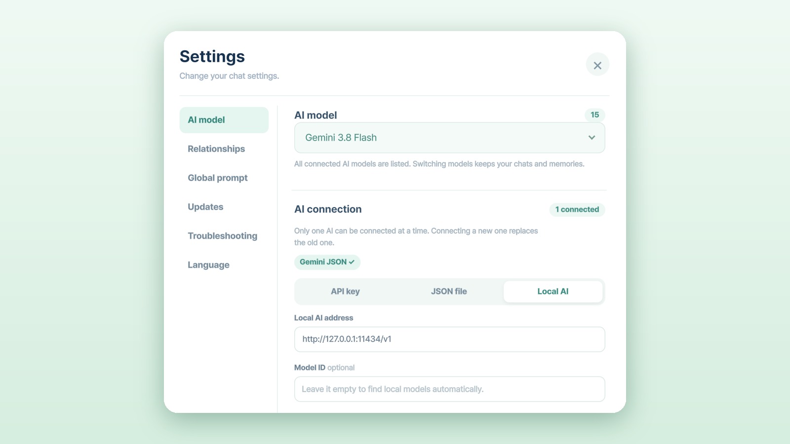 The Local AI tab under AI connection in settings