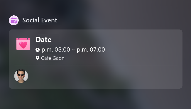 A date at Cafe Gaon from 3 PM to 7 PM in the game calendar