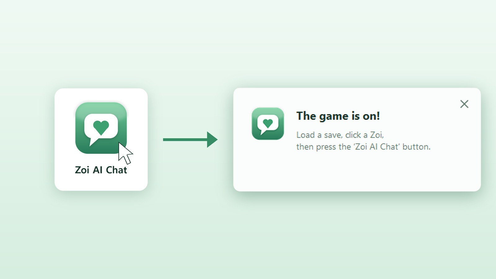 Clicking the Zoi AI Chat icon on the desktop shows a window saying the game is on