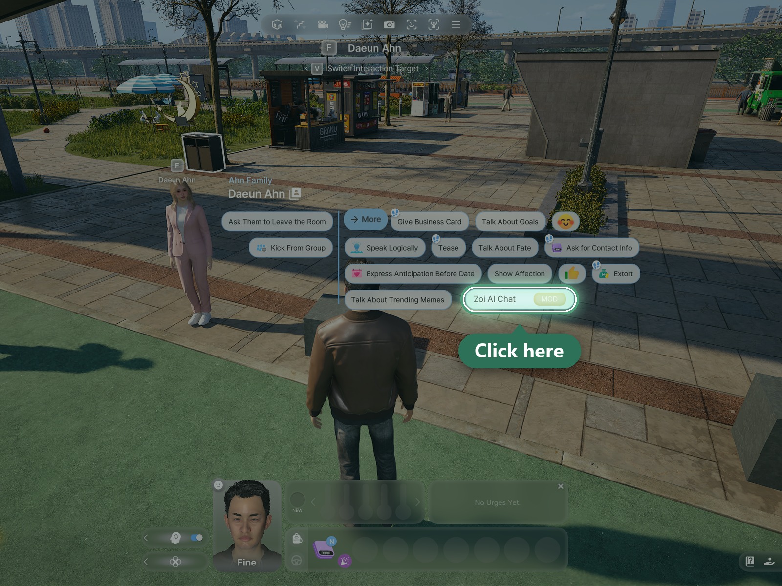 The Zoi AI Chat button in the game menu after selecting a Zoi