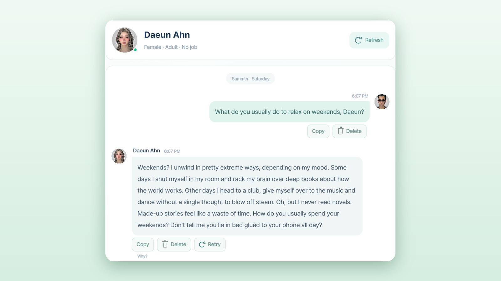 Chatting with Daeun Ahn in Zoi AI Chat